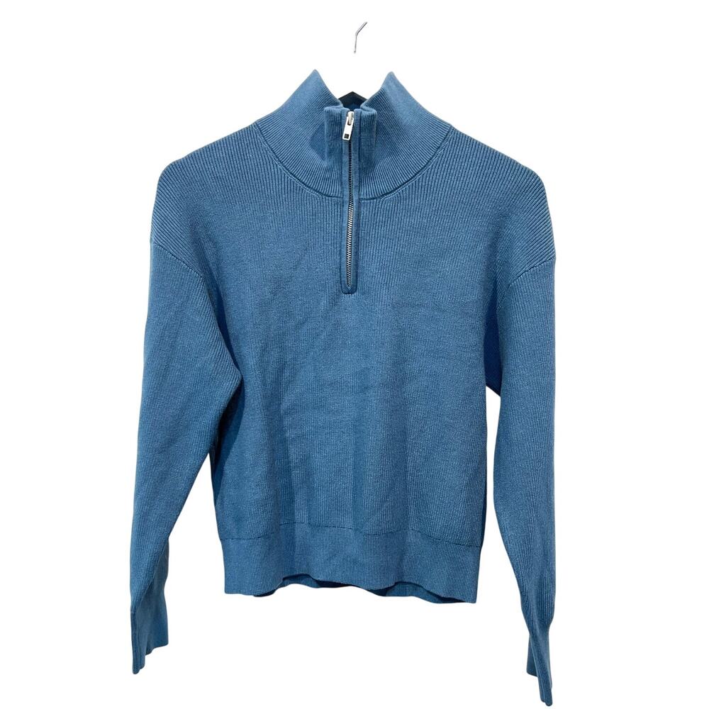 Stitches + Stripes Sweater Mock Zip Neck Cropped Teal Blue Women's Size Large